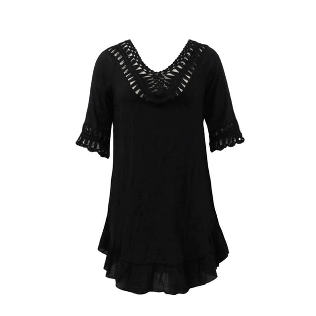Ropa Playa Ocean Pacific para Mujer Túnica Cuello V Manga Codo Olan Ruedo Negro Talla G
