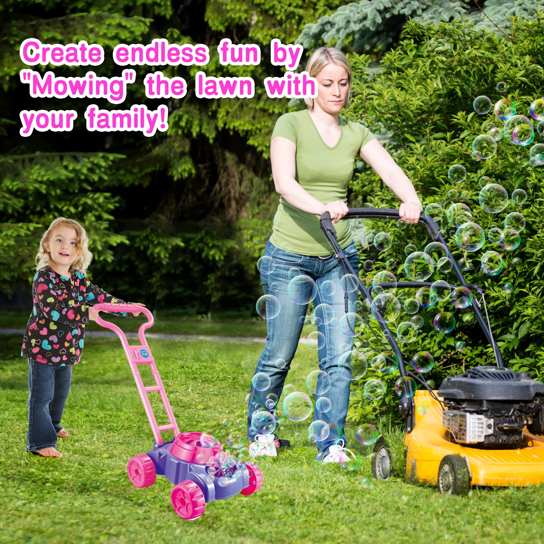 KOPPOP Bubble Lawn Mower - Bubble Machine for Outdoor and Indoor Use, Push Mower with Sound Effects and Bubble Blowing Function - Purple