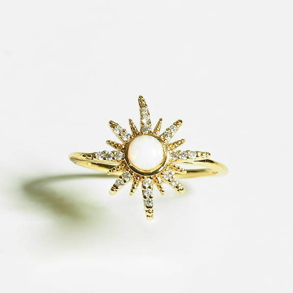 Sun Star Opal and Pave Ring Gold Plated Adjustable Ring