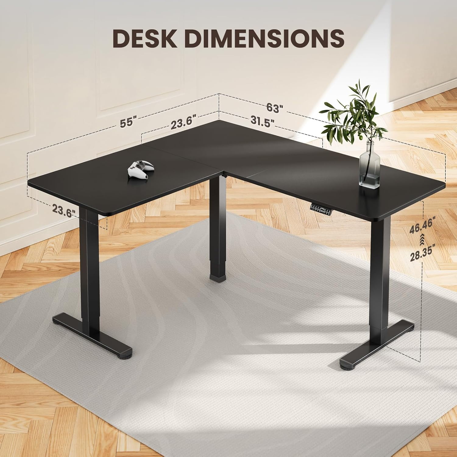Kyspho L Shaped Standing Desk, 63" x 55" Electric Height Adjustable Sit Stand up Desk, Corner Computer Table for Home Office, Interchangeable Installation of Left and Right, Black