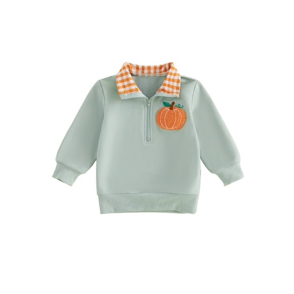 Toddler Baby Boy Girl Halloween Sweatshirt Pumpkin Embroidery Quarter Zip Collar Long Sleeve Shirt Tops Fall Winter Clothes 1-5T