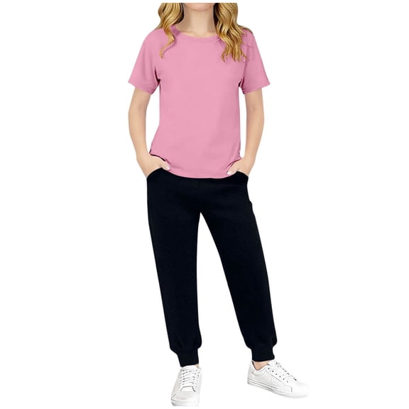 Atogsazn Kids Girls 2 Piece Jogger Clothes Set Children Casual Short Sleeve T-shirt Sweatpant Outfit Clothing 01-Pink 11-12 Years Fashion