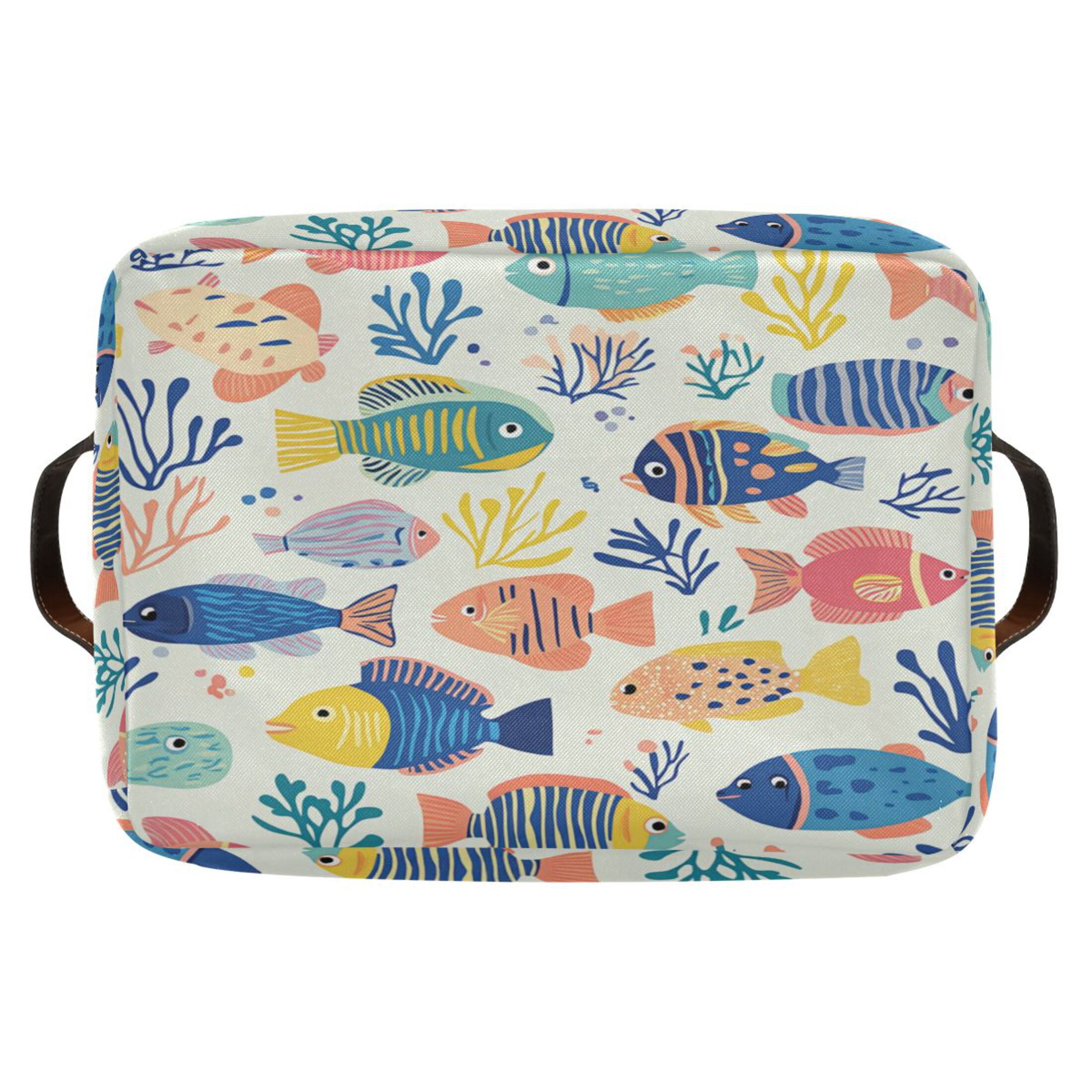 Vibrant Colorful Fish Pattern Foldable Storage Basket,Canvas Fabric Foldable Storage Bins with Handles Open Home Storage Bins Boxes for Toy Book Shelf Closet Baskets