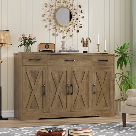 Homfa Buffet Cabinet with 3 Drawers and 4 Doors, 55.1 W Kitchen Sideboard Storage Cabinet with Adjustable Shelves, Farmhouse Coffee Bar Cabinet for Dining Room, Rustic Brown