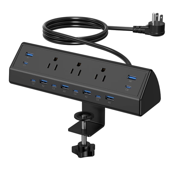 Jgstkcity 130W Desk Clamp Power Strip, 12 USB Ports (6 PD 65W USB-C),Surge Protector,ETL Listed Power Hub Extension Cord,Fast Cha