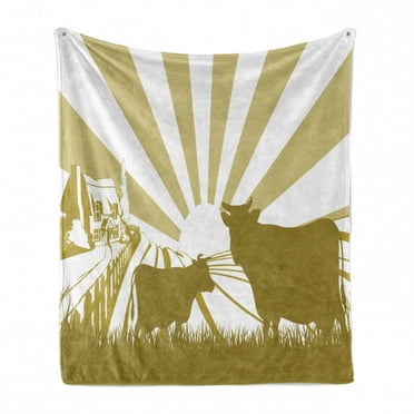 Cattle Soft Flannel Fleece Throw Blanket, Silhouette Illustration of a Farm House Cottage in an Idyllic Landscape, Cozy Plush for Indoor and Outdoor Use, 50" x 60", White Tan and Khaki, by Ambesonne