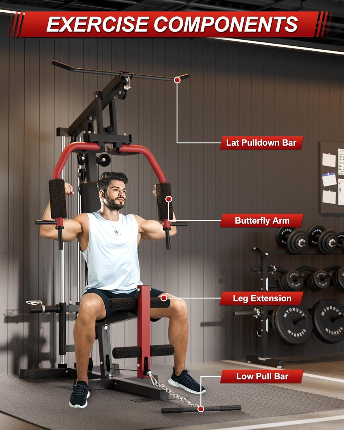 GARVEE Home Gym Station, Multifunctional Home Gym Equipment for All Body Training with Leg Press & Pulley System, Red