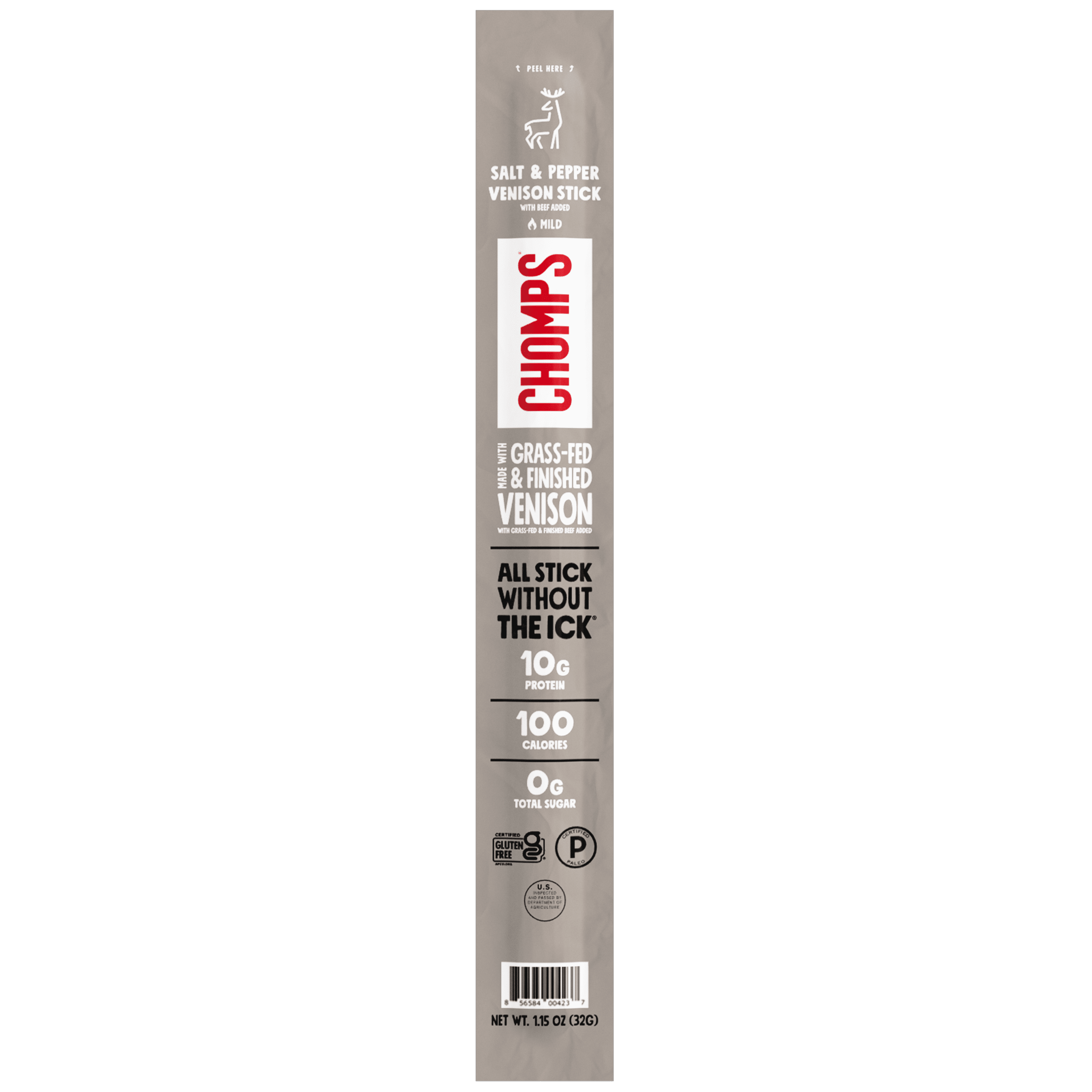 Chomps Sea Salt & Black Pepper Venison Jerky Snack Sticks, 10g of Protein