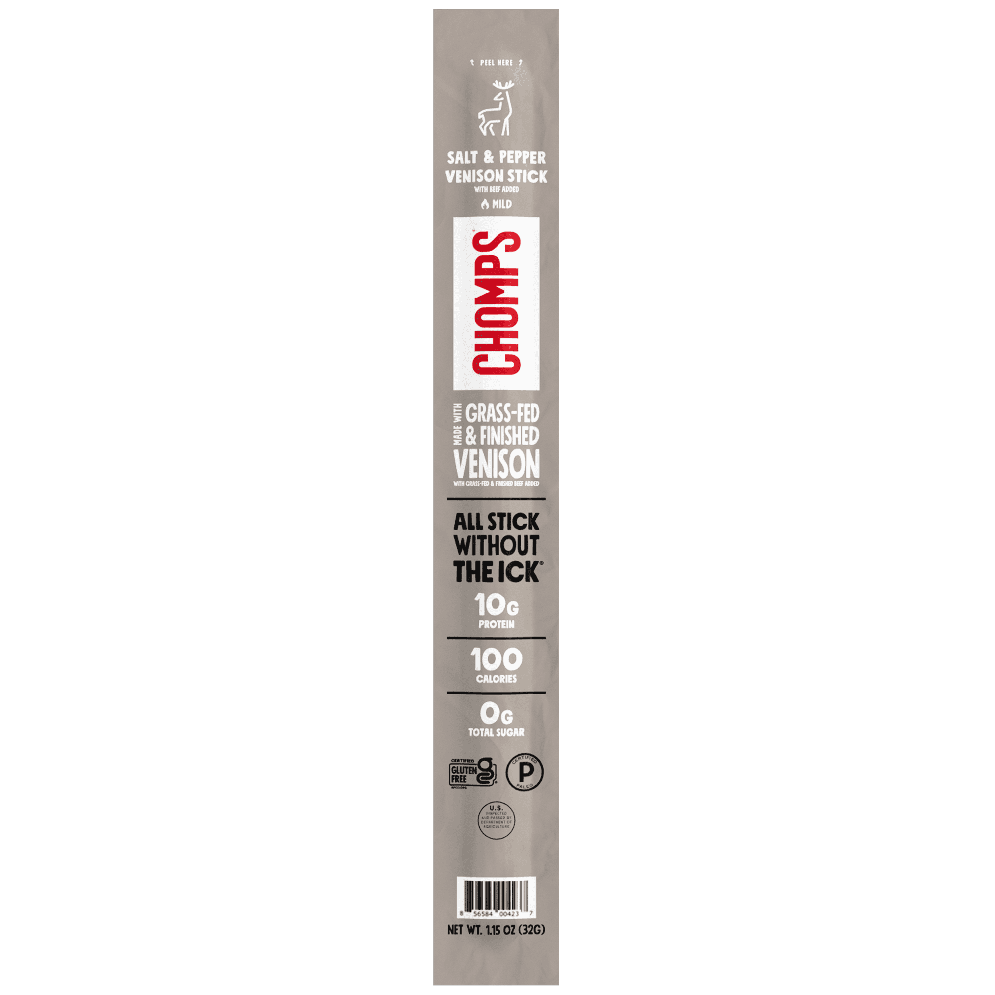Chomps Grass-Fed and Finished Sea Salt & Pepper Venison Jerky Meat Snack, 1.15oz Stick