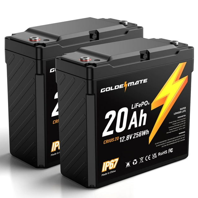 Batería LiFePO4 GOLDENMATE 12 V 20 Ah (2 paquetes) IP67 a prueba de agua
