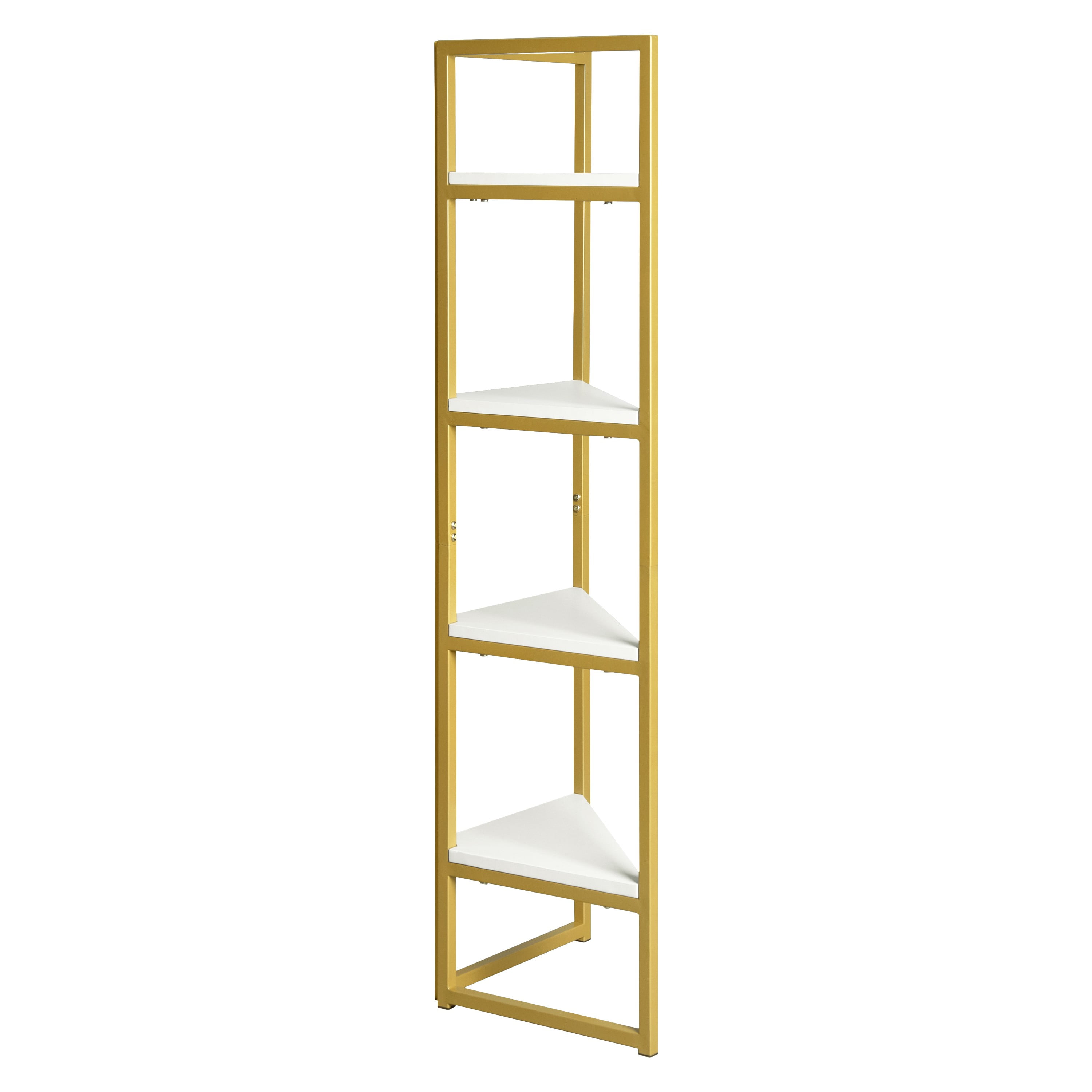 Finihen Corner Shelf Stand, 4-Tier Wall Corner Bookshelf with Metal Frame, Plant Corner Display Shelf, Bookcase for Small Spaces, Bedroom, Living Room, White Finihen Corner Shelf Stand, 4-Tier Wall Corner Bookshelf with Metal Frame, Plant Corner Display Shelf, Bookcase for Small Spaces, Bedroom, Living Room, White