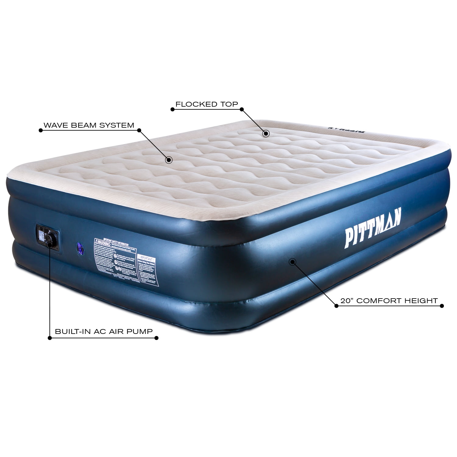 Pittman Queen Air Mattress Never Leak 20" Wave Beam Double High Deluxe with Built-in Electric Pump