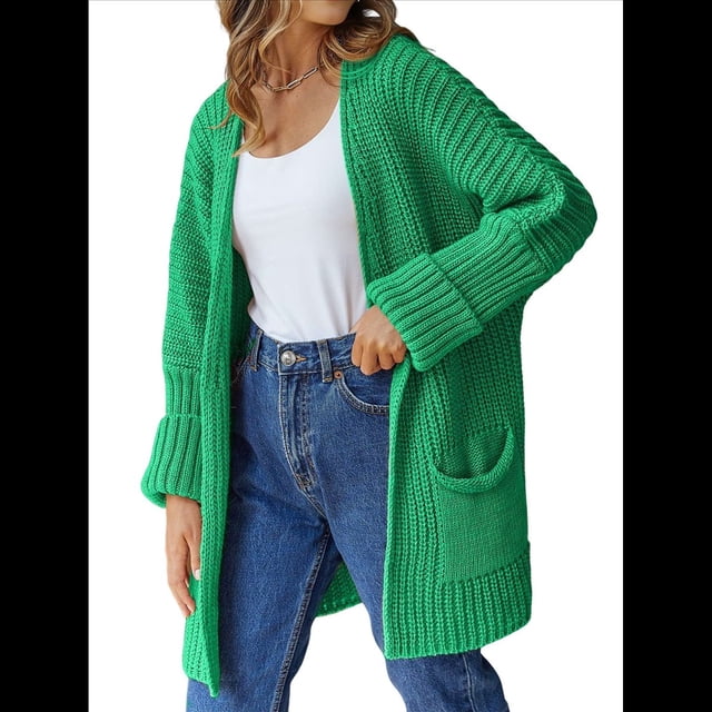 Suéter de Larga para Mujer, Abrigo Holgado de Punto , Cárdigan Abierto, Abrigo con Bolsillos. Verde M