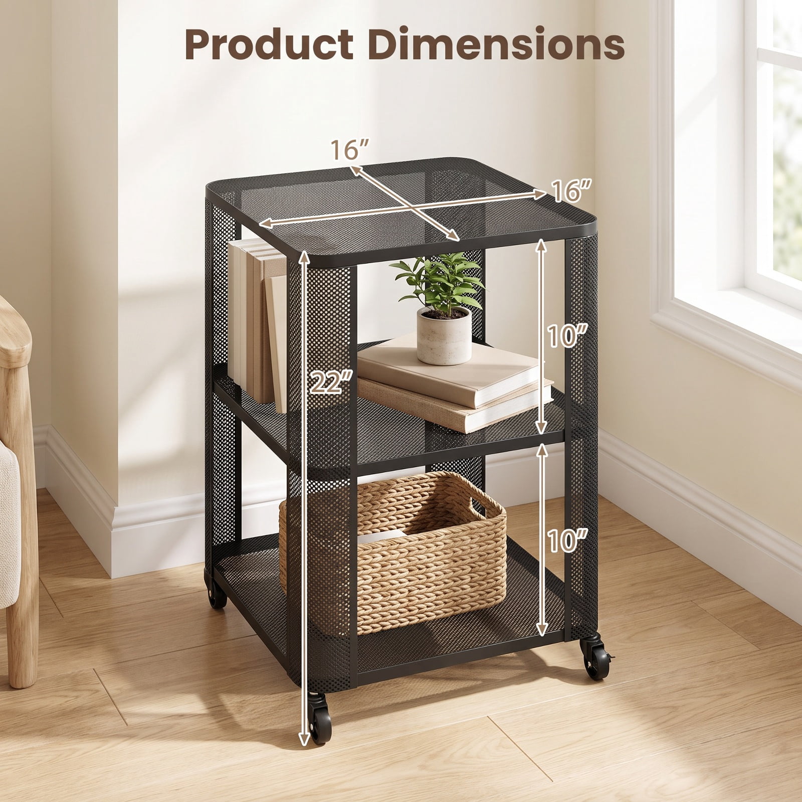 Furnibear 3 Tier Rolling End Table Set of 2 with Locking Casters and Metal Mesh Storage Shelves for Living Room Bedroom and Dorm, Black