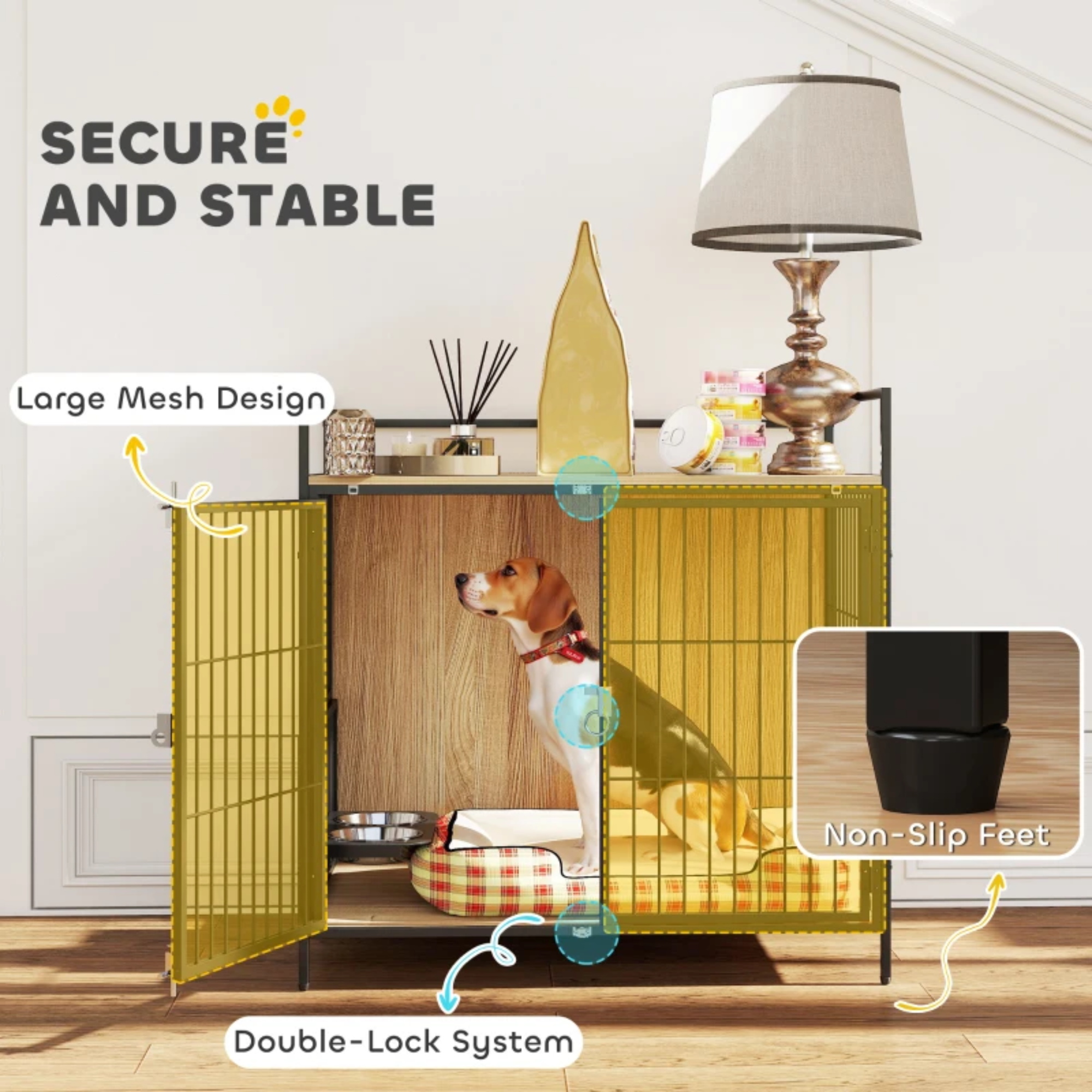 Pefilos 31" Furniture Style Dog Crate with Rotatable Feeding Bowl, 2 Anti-Escape Doors, Indoor Pet Kennel Dog Cage for Medium Dogs, Beige