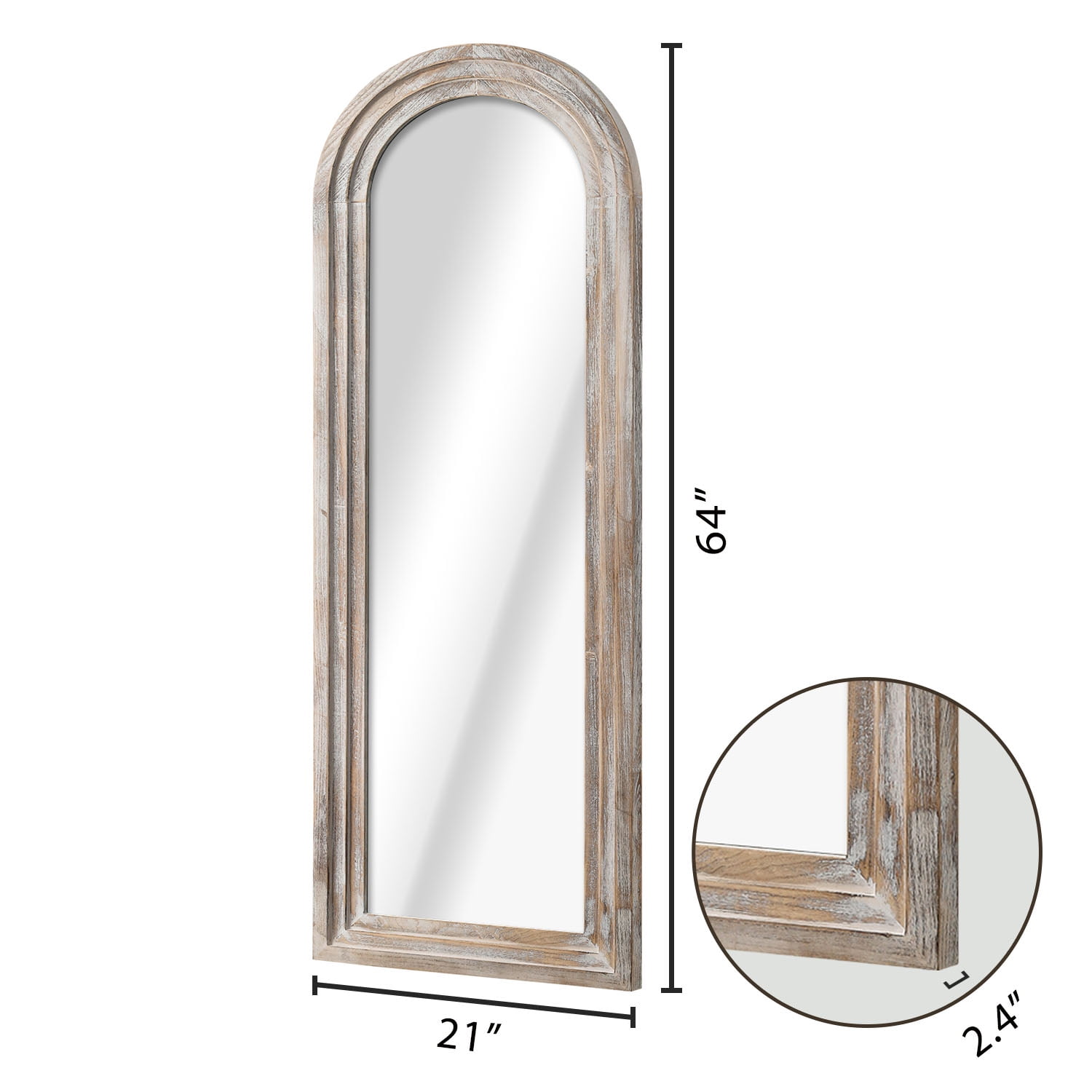 MAYEERTY 64×21in Modern Solid Wood Frame Arched Full Length Mirror with Tempered Glass, Weathered White