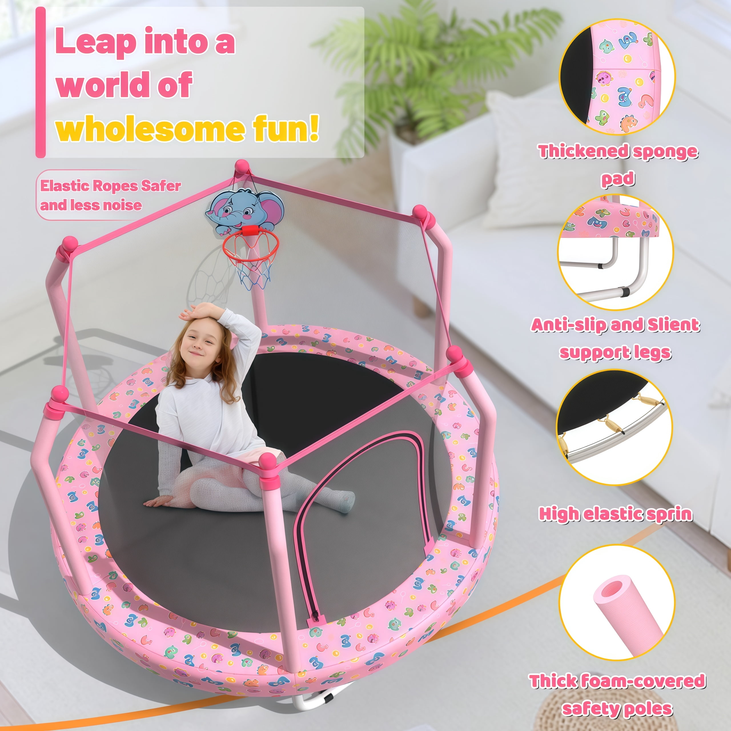 Dwelling Tales Bouncing Kids Trampoline Round with Safety Enclosure Net Basketball Hoop Indoor Outdoor Pink 55 Inch