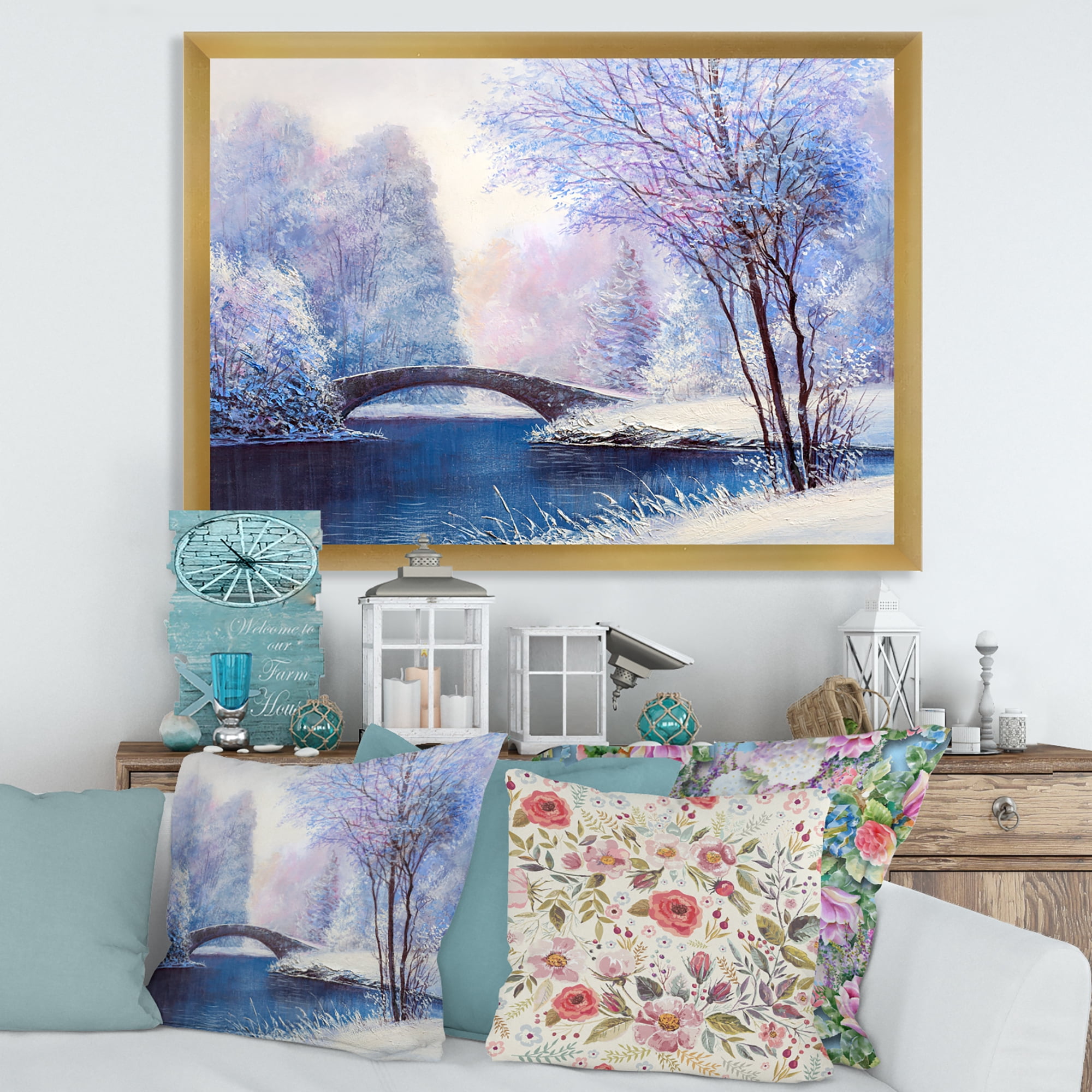 Bridge Of Meandering River With Winter Scenery III 40 in x 30 in Framed Painting Canvas Art Print, by Designart
