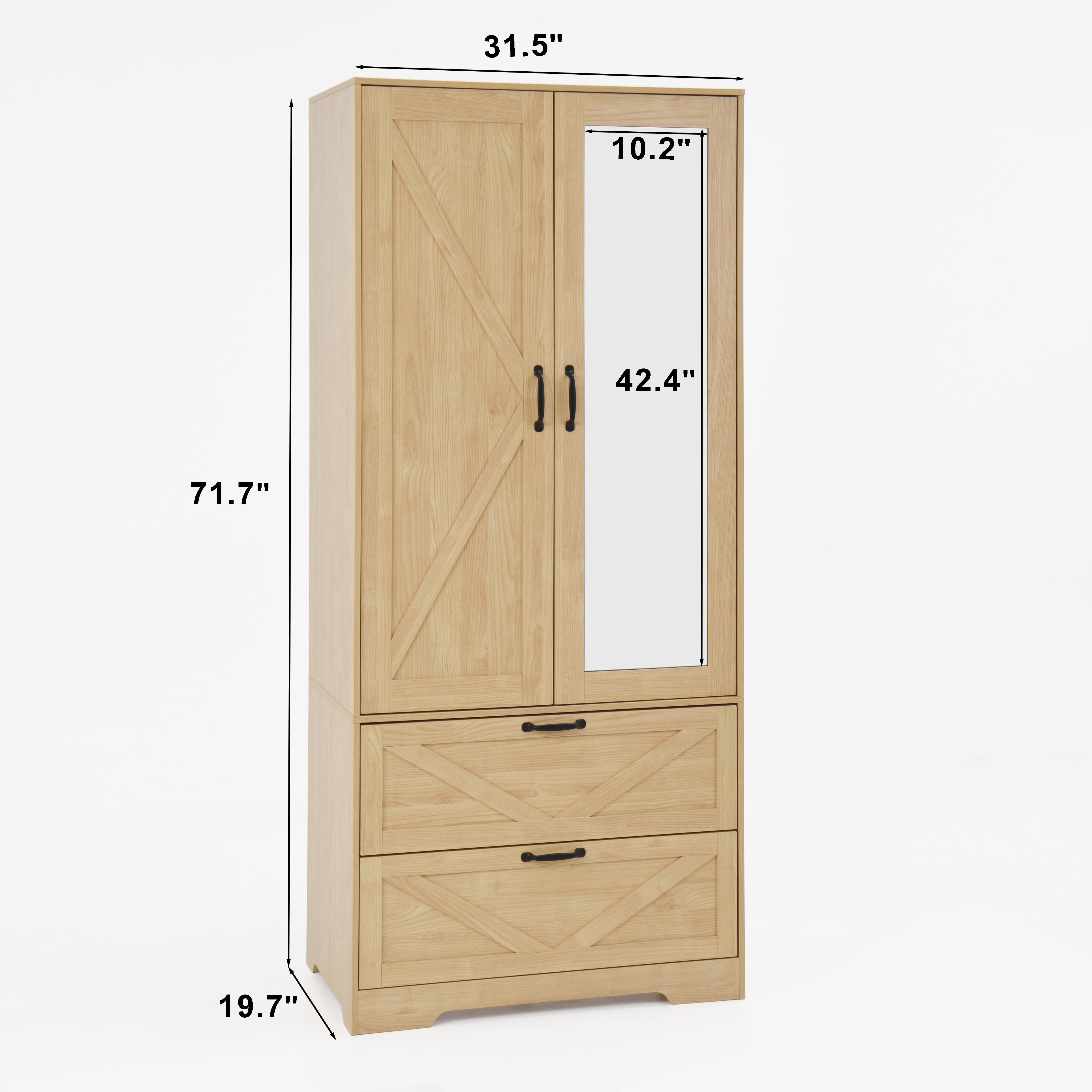 Mintazer 71" Tell Wardrobe Armoire with Mirror Door & 2 Large Drawers and Built-in Induction Light, Freestanding Clothing Storage Cabinet with Hanging Rod & Shelves for Bedroom, Natural