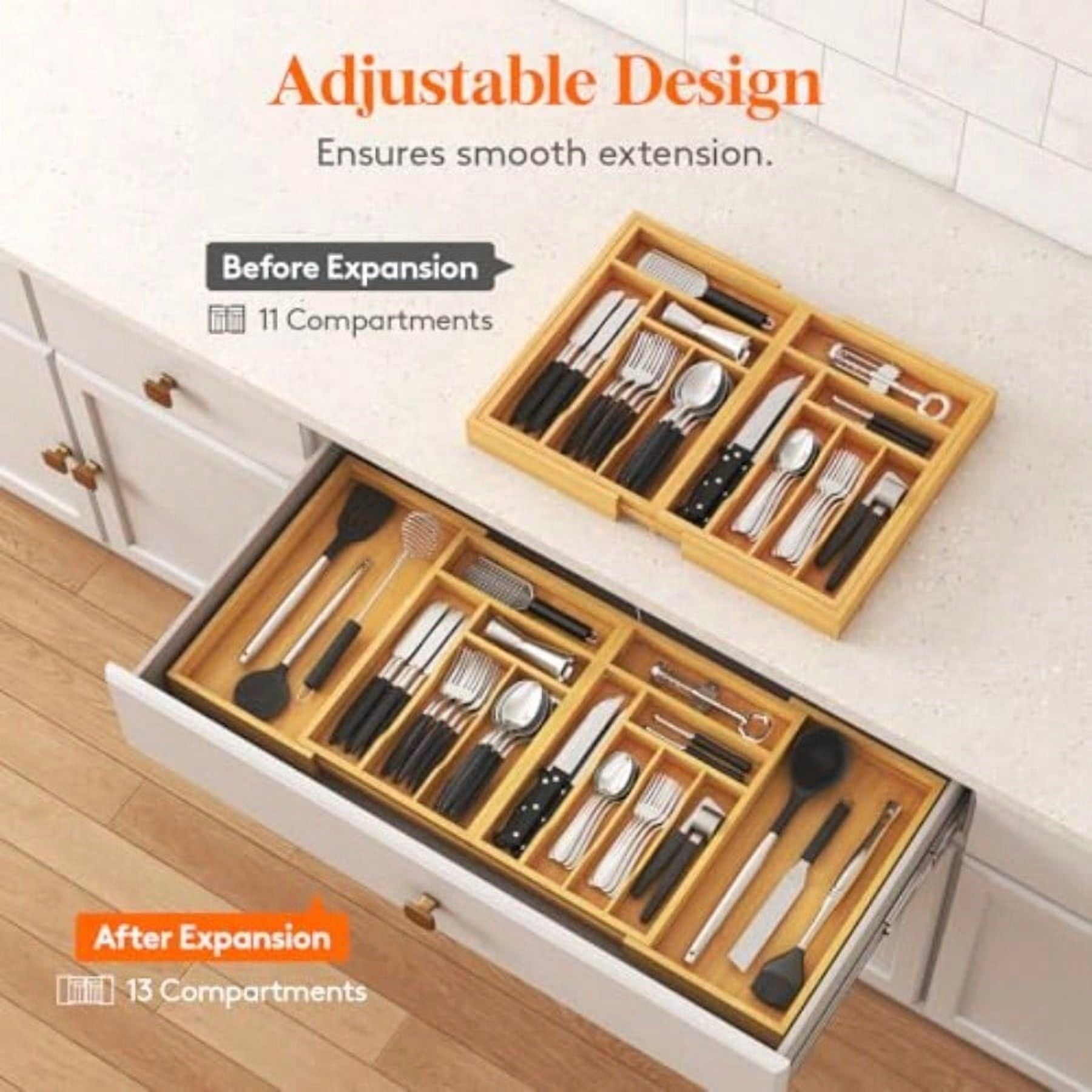 Large Sierware Drawer Organizer Expandable 21.4 to 36 Inches Wide Bamboo Utensil Tray for Kitchen Adjustable Flatware and Cutlery Holder for Spoons Forks Knives 13 Compartments Natural