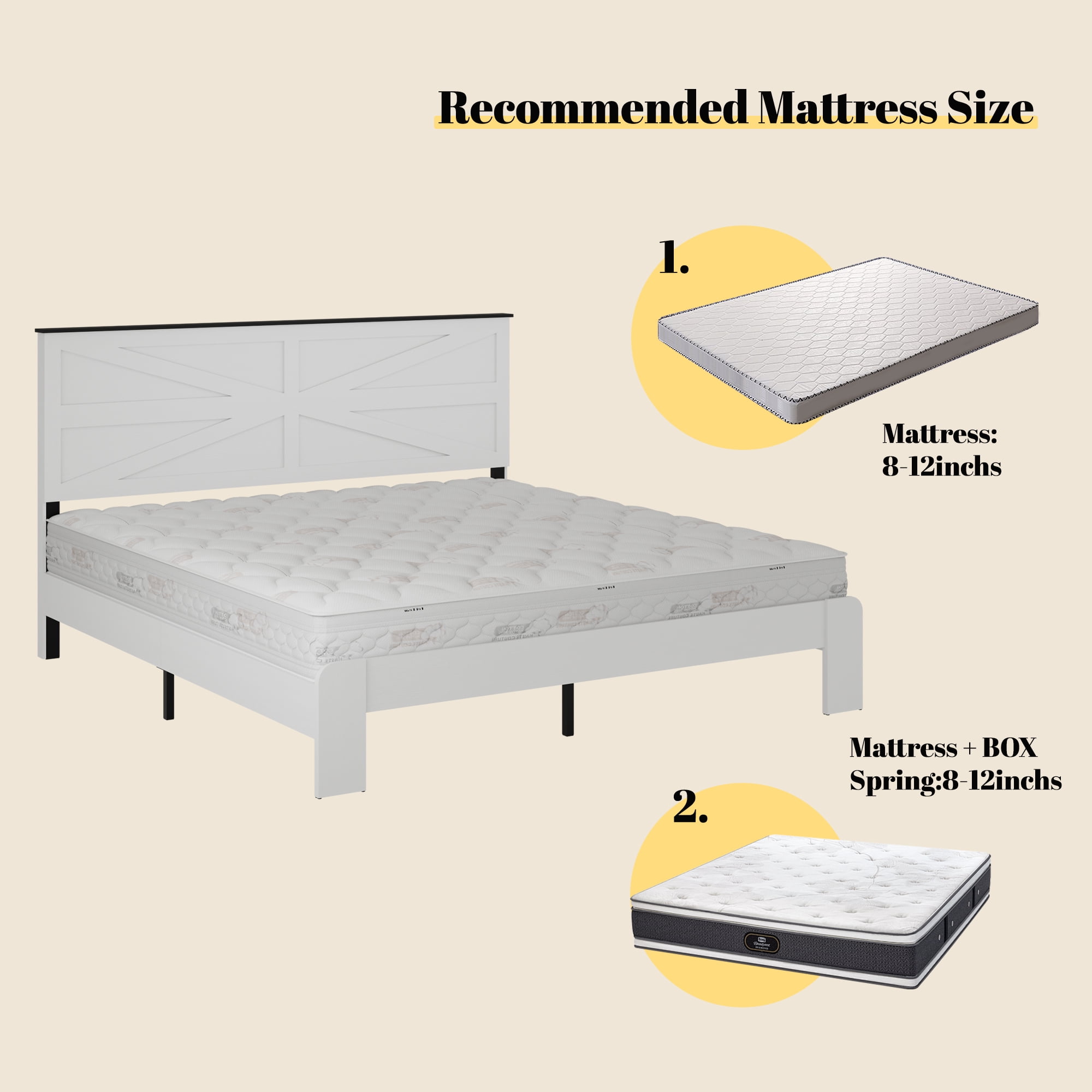King Size Farmhouse Wooden Bed Frame with Headboard, Boho Platform Bedframe Sturdy Metal Slats Support, No Spring Mattress, Noisy Free, Easy Assembly (King, White)