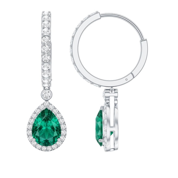 Rosec Jewels Lab Grown Emerald Drop Earrings (2 Carat, AAAA Grade) - Emerald Hoop Earrings with Moissanite - Ready to Gift, 10K White Gold