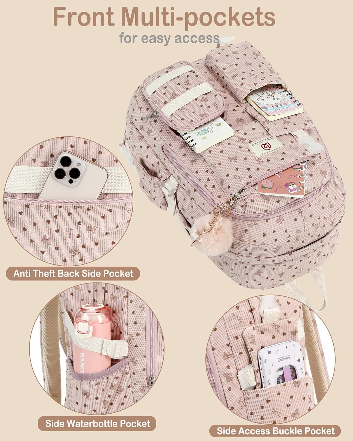 AO ALI VICTORY School Backpack for Teens Girls Women 15.6 Inch Laptop College Backpacks Corduroy Work Bag  Middle High Campus Bookbag Students Pack Travel Daypack Womens（Pink Bowknot）