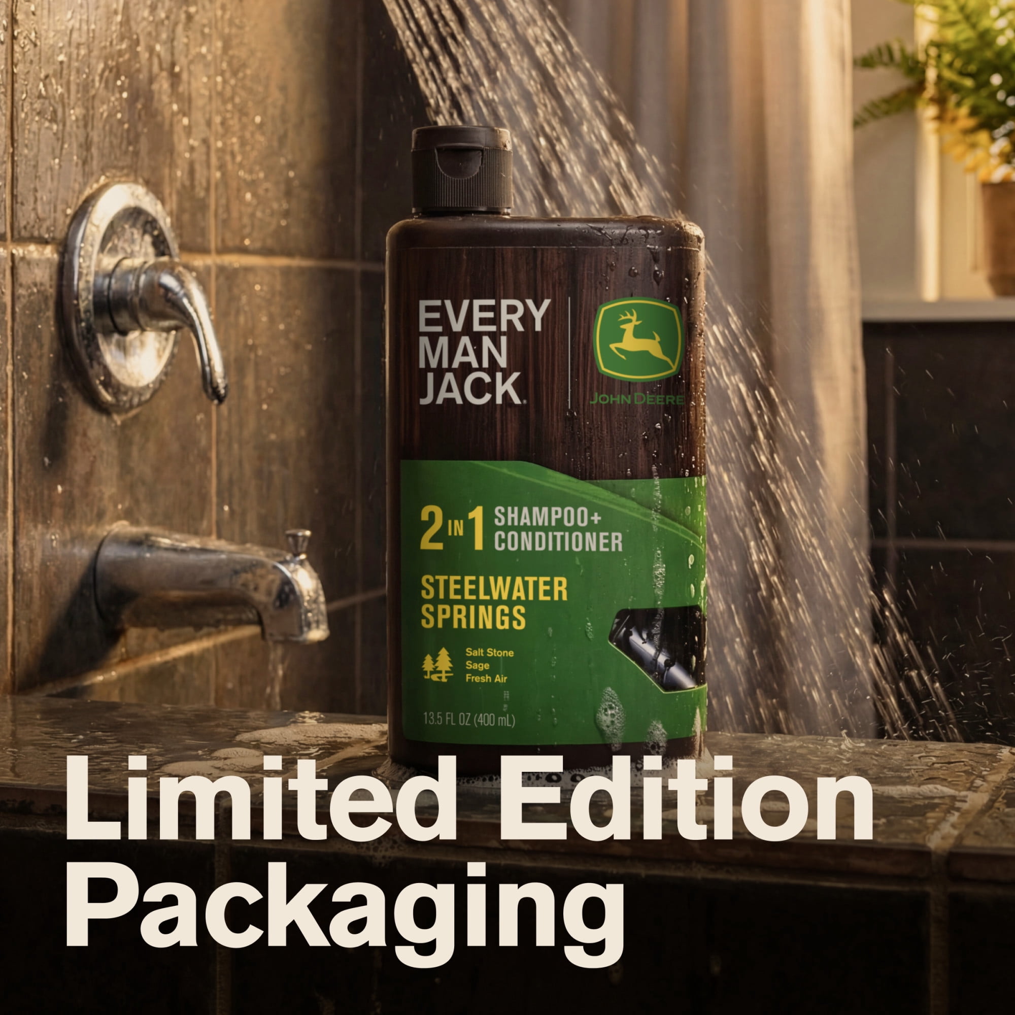 Every Man Jack Limited Edition John Deere Collection, 2-in-1 Men's Shampoo and Conditioner, Steelwater Springs scent, 13.5 oz