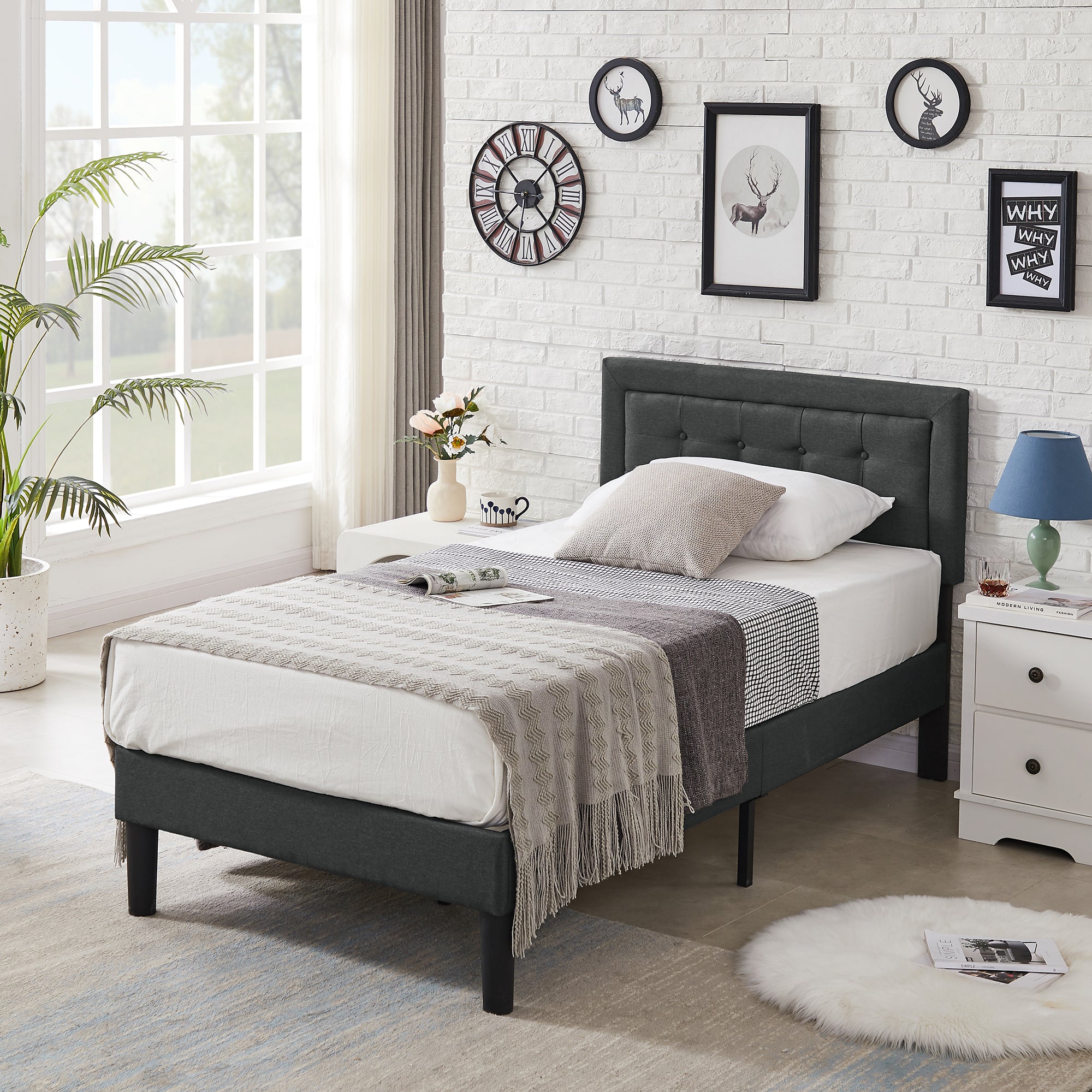 VECELO Twin Size Upholstered Bed Frame with Button Tufted Adjustable ...