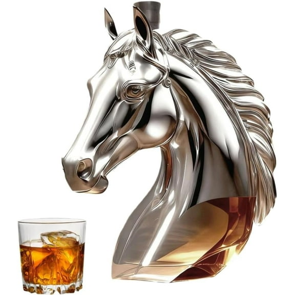 Whisky Decanter with Stopper Horse Head Clear Glass DecanterNovelty with Stopper Drink Dispenser for Home Home Bar, Men Dad Husband Father Day Whisky Lovers Gifts（Silver plating）Z