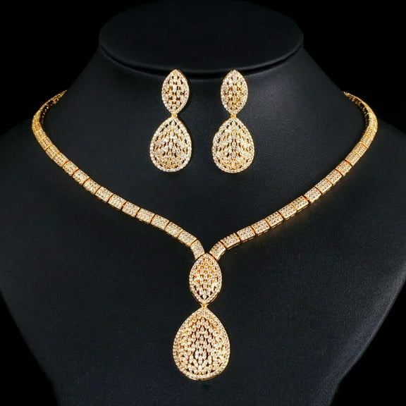 18k Gold Plated Cubic Zirconia Dangle Drop Jewelry Set for Women Engagement Prom
