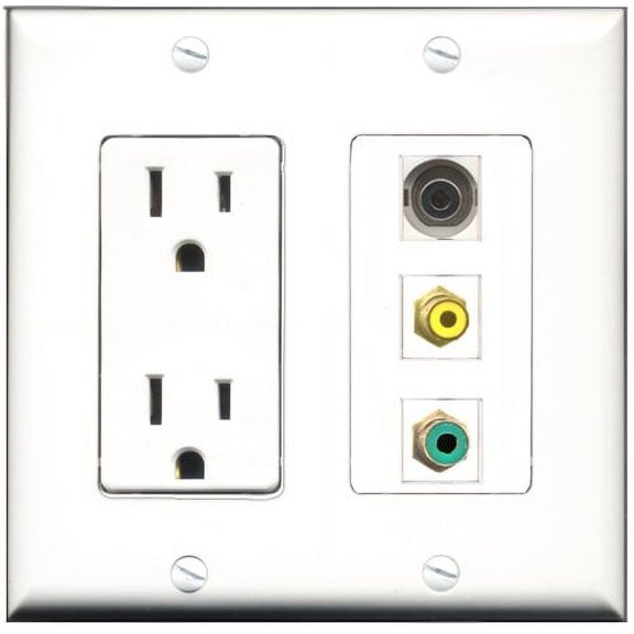 RiteAV - 15 Amp Power Outlet 1 Port RCA Yellow 1 Port RCA Green 1 Port 3.5mm Decorative Wall Plate