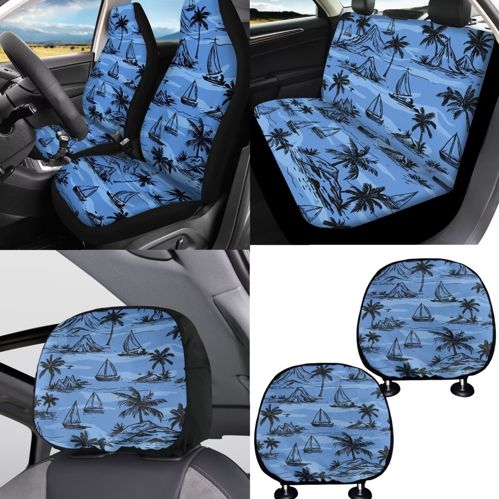 FKELYI Car Seat Covers with Steering Wheel Cover Auto Center Console Pad Seat Belt Pads Blue Palm Tree Sailboat Print Head Rest Covers Gear Shift Cover Hanbrake Cover for Most Vehicle, 16 Pcs