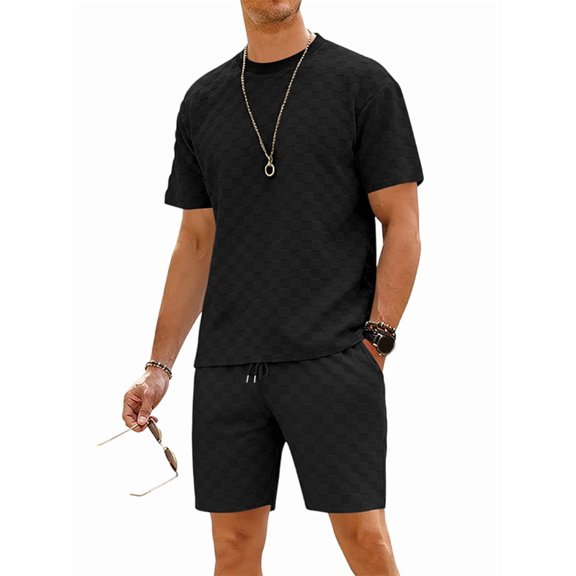 Men's Short Sleeve Set Suits 2 Piece Shirt Shorts Outfit for Summer Casual Black S