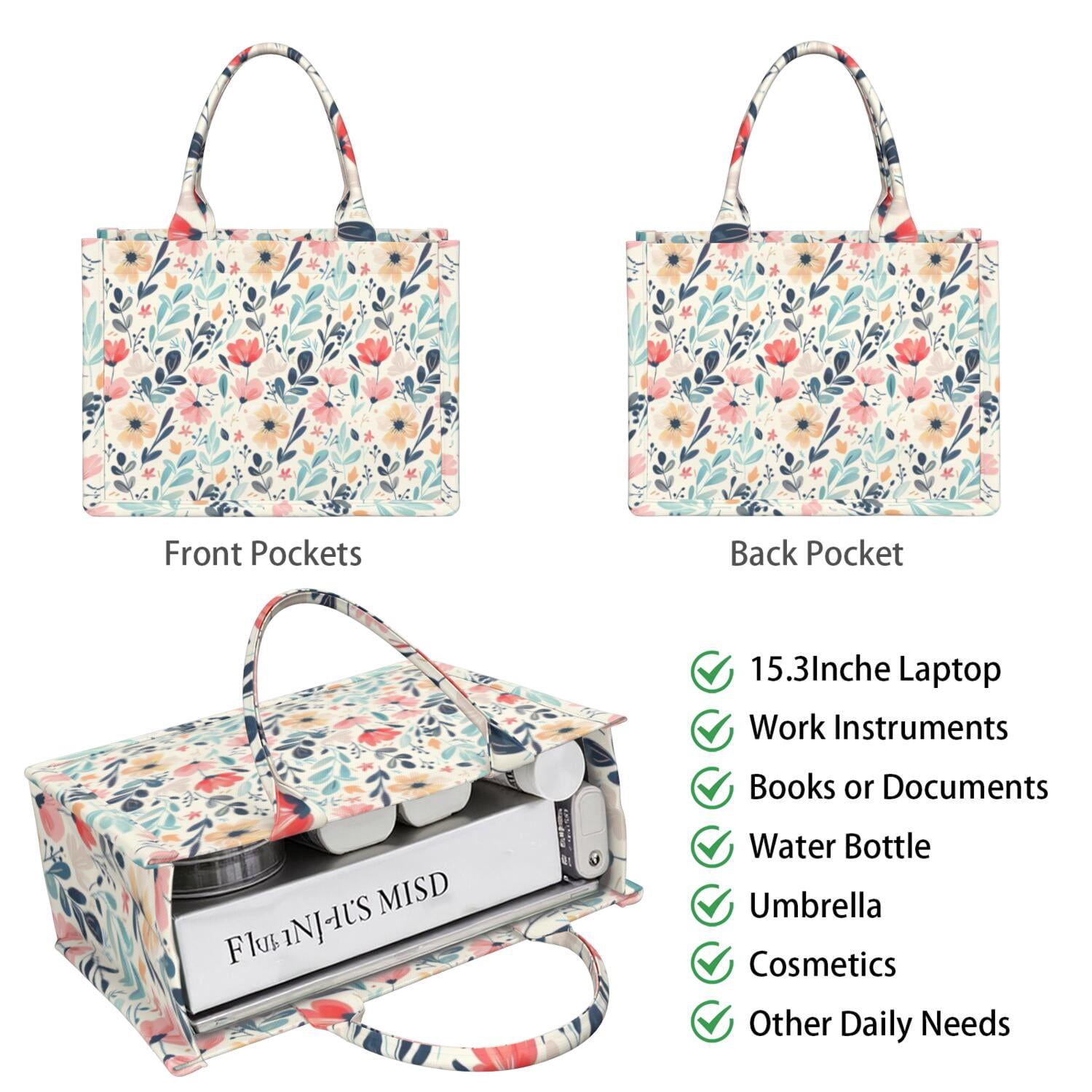 Large Capacity Tote Bag,Pioneer Flower Floral Print Pattern Handbag Fashion Luxury Tote Bag,15.7"x13"x 5.1" Inches,Laptop Compatible