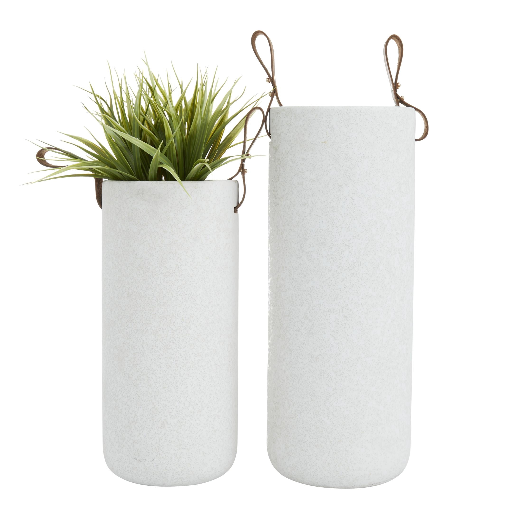 CosmoLiving by Cosmopolitan 15", 12"H White Ceramic Vase with Leather Handles, Set of 2