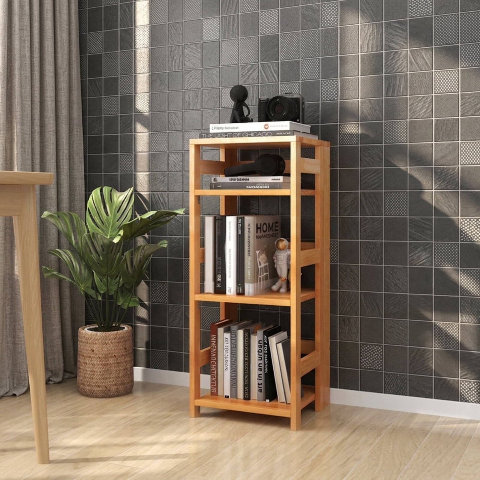 Furnibear 4-Tier Bookshelf Rubber Wood Bookcase with Side Fences for Living Room-14 inches for Living Room Home Office Bedroom Display, Natural