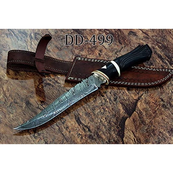 13 Inches Long Hand Carved Bull Horn Round Scale Skinning Knife, Custom Made Hand Forged Damascus Steel Hunting Knife with 7.5" Blade, Cow Hide Leather Sheath with Belt Loop