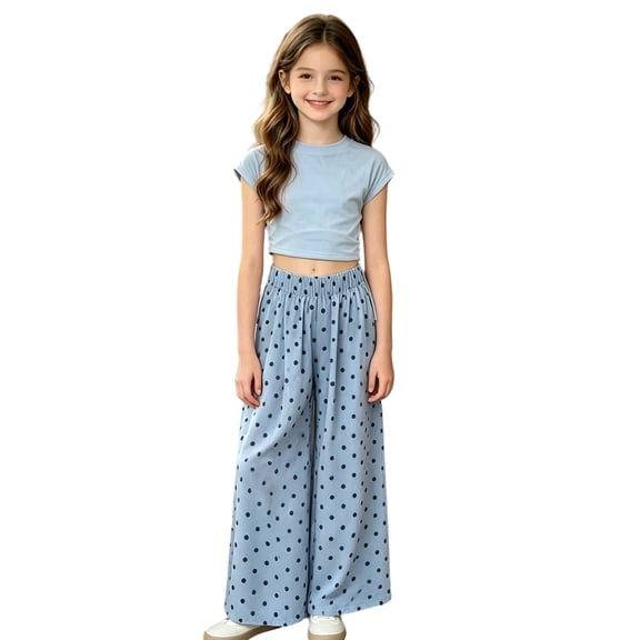 XINXIAOO Girls 2 Piece Outfit Set Casual Slim Fit Short Sleeve Crop with Wide Leg Pants Summer Clothing Set Size 4-14 Years