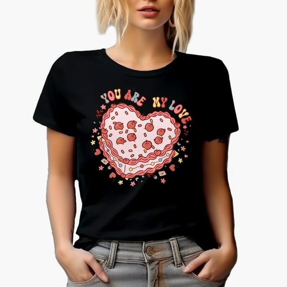 You Are My Love with Heart Cherry Pie & Wavy Text, Retro Valentine's Day Gift, Black T-Shirt, Small
