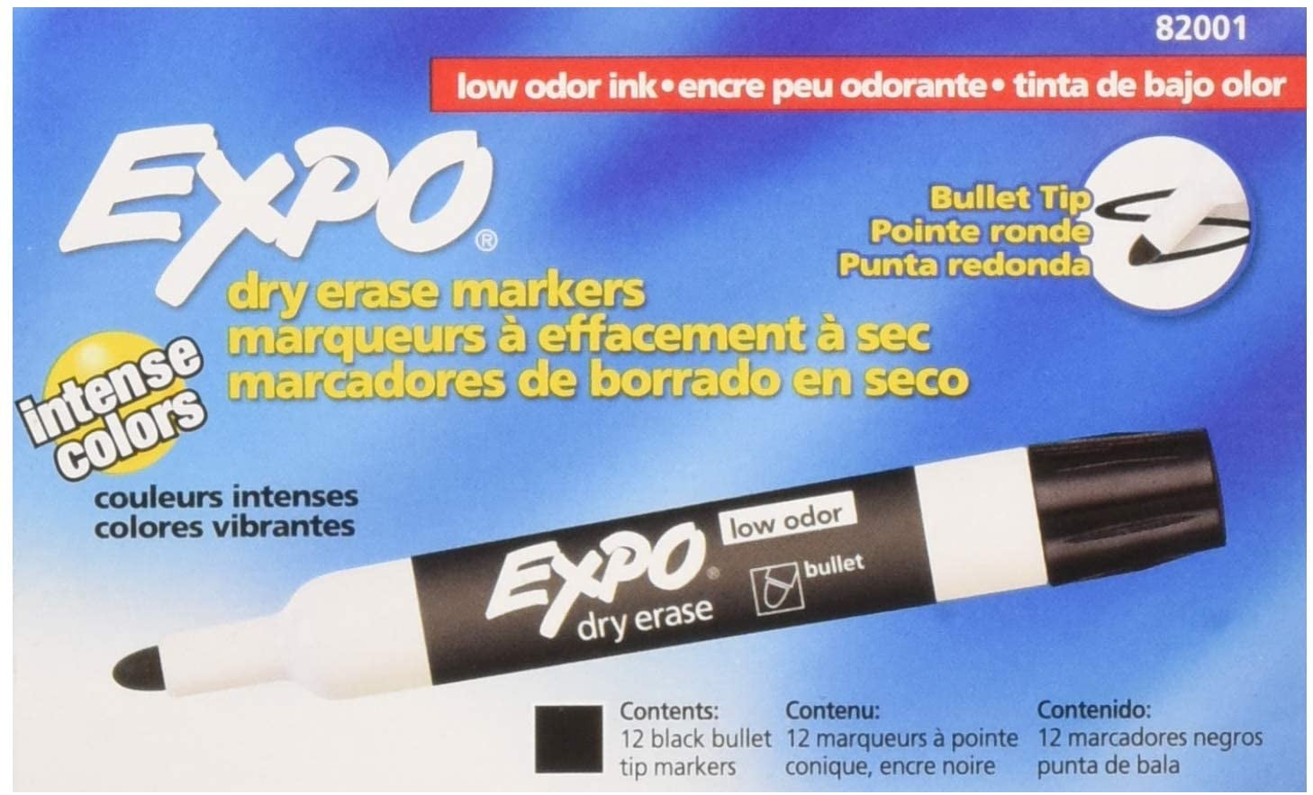 EXPO 82001 Low-Odor Black Dry Erase Markers For Use On Whiteboards, Glass and Non-porous Surfaces; Ideal for Classrooms, Offices and Homes, Pack of 12