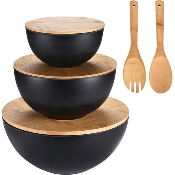 Vdomus Bamboo Fiber Salad Bowl Set with Wooden Lids - Perfect for Serving, Mixing, and Prepping Fruits, Pasta, Cheese, Ramen, Bread, and More!