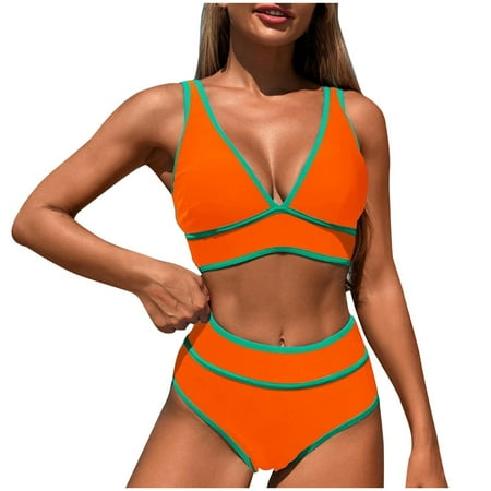 Hfyihgf High Waisted Bikini Sets for Women V Neck Color Block Two Piece Swimsuits Cheeky Push Up Bathing Suit(Orange S)