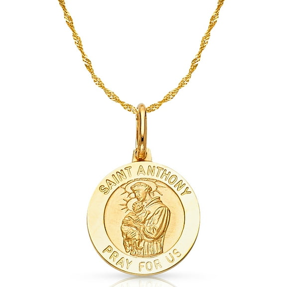 Ioka-14K Yellow Gold St. Anthony Pray For Us Charm Pendant with 0.9mm Singapore Chain Necklace - 16"