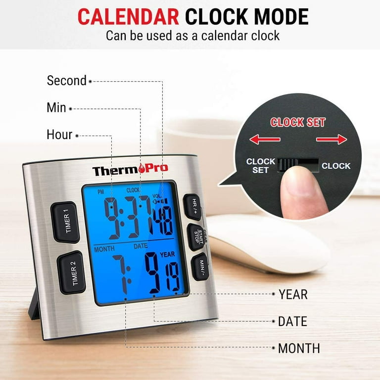 ThermoPro TM02 Digital Kitchen Timer with Dual Countdown Stop Watches Timer,  Magnetic Timer Clock with Adjustable Loud Alarm and Backlight LCD Big  Digits, 24 Hour Digital Timer for Kids Teachers 