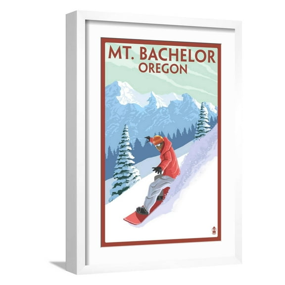 Art.com Mt. Bachelor, Oregon - Snowboarder Scene Art Print by Lantern Press, White Frame Wall Art, 17" x 23"