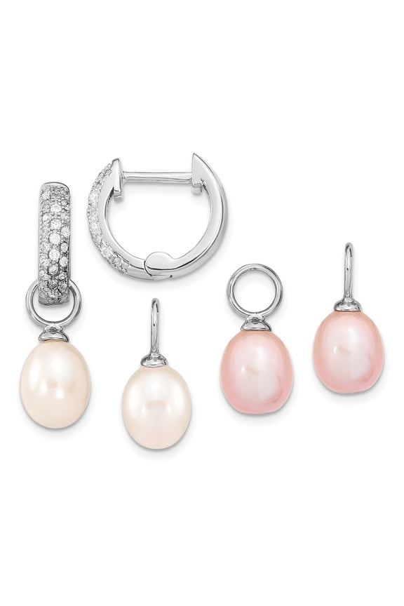 925 Sterling Silver Rhodium-Plate 7-8mm White /Pink Freshwater Cultured Pearl Cubic Zirconia ( CZ ) Changeable Earring