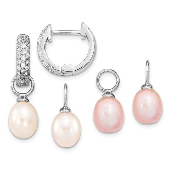 925 Sterling Silver Rhodium-Plate 7-8mm White /Pink Freshwater Cultured Pearl Cubic Zirconia ( CZ ) Changeable Earring