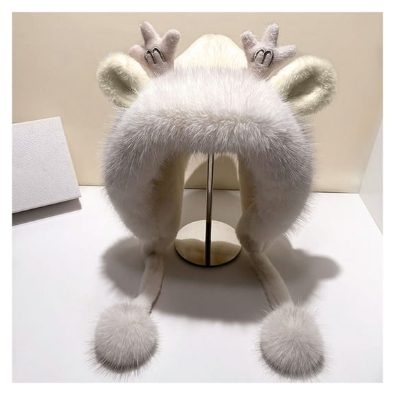 Opvise Cute Furry Trim Antler Ears Decor Winter Hat Thickened Plush Warm Ear Protection Woolen Hat Fashion Accessories Pink