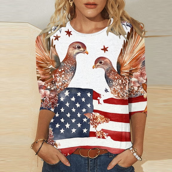Shihyeh Women 250 USA Anniversary Independence Day Shirt America Flag Patriots 4Th of July Shirts Round Neck Tshirts 3/4 Sleeve Tops